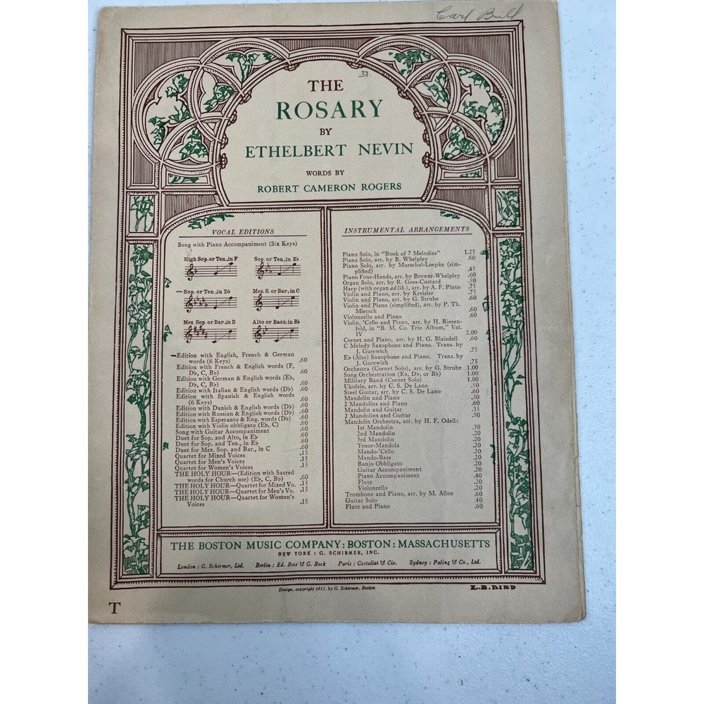 Vintage The Rosary By Ethelbert Nevin Words by Robert Cameron Sheet Music‎